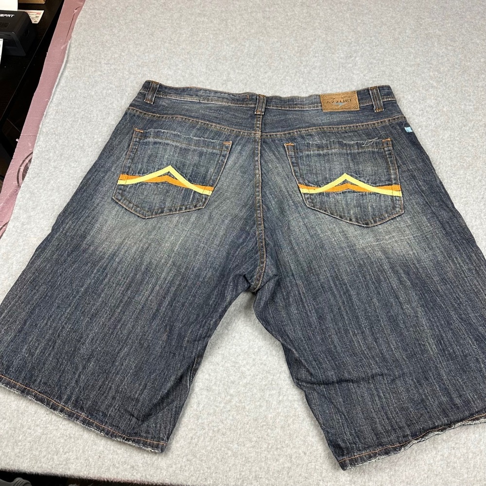 Azzure Mens Love Life Denim Shorts‎ Dark Wash Embroidered 40W Relaxed Fit Y2K